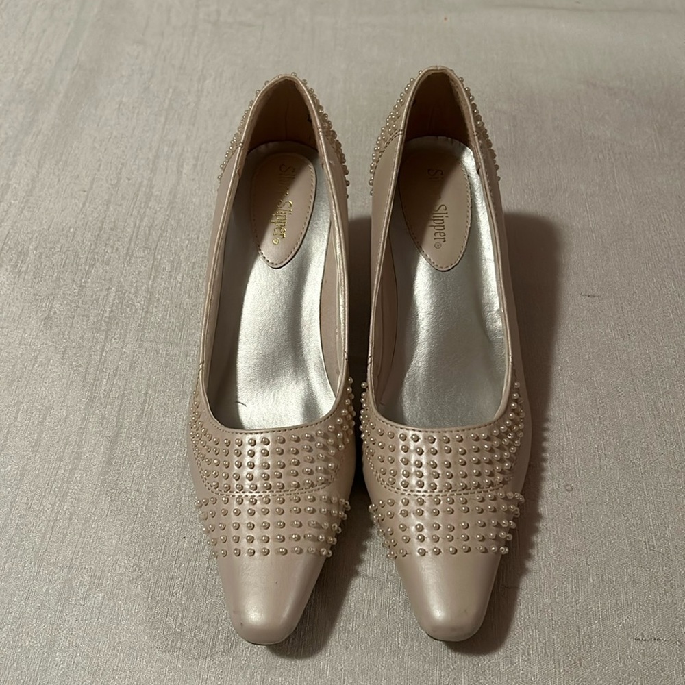Silver Slipper Beaded Pointed Square Toe Heels